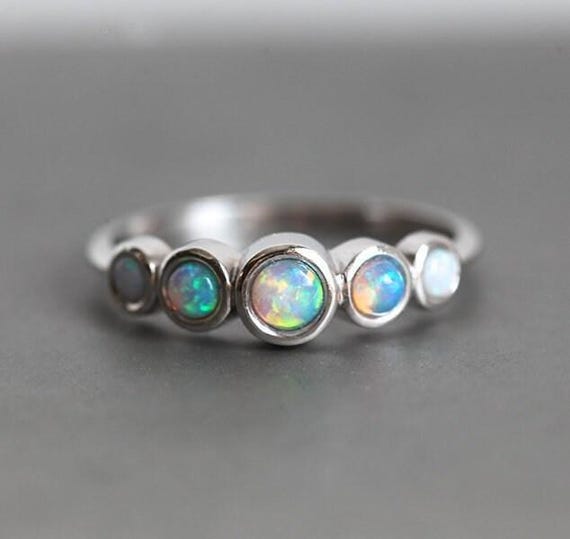 Opal Wedding Band • Five Stone Opal Ring • 14k/18k Gold Or Platinum • Rainbow Opal Ring • Gift For Her