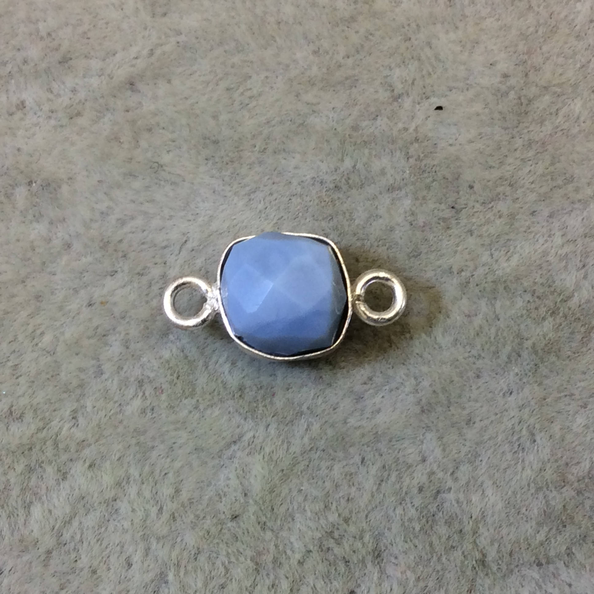Blue Opal Cube Bezel Connector: Silver Finish, 7-8mm