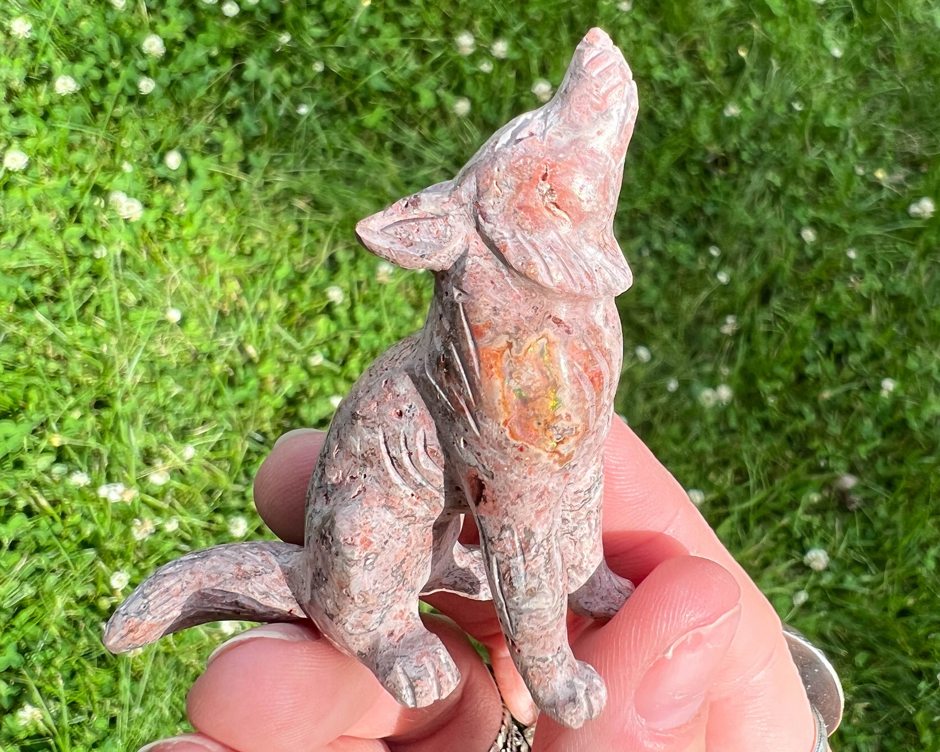 Hand Carved Mexican Fire Opal Wolf Figurine, Crystal Carving, Howling Coyote #2