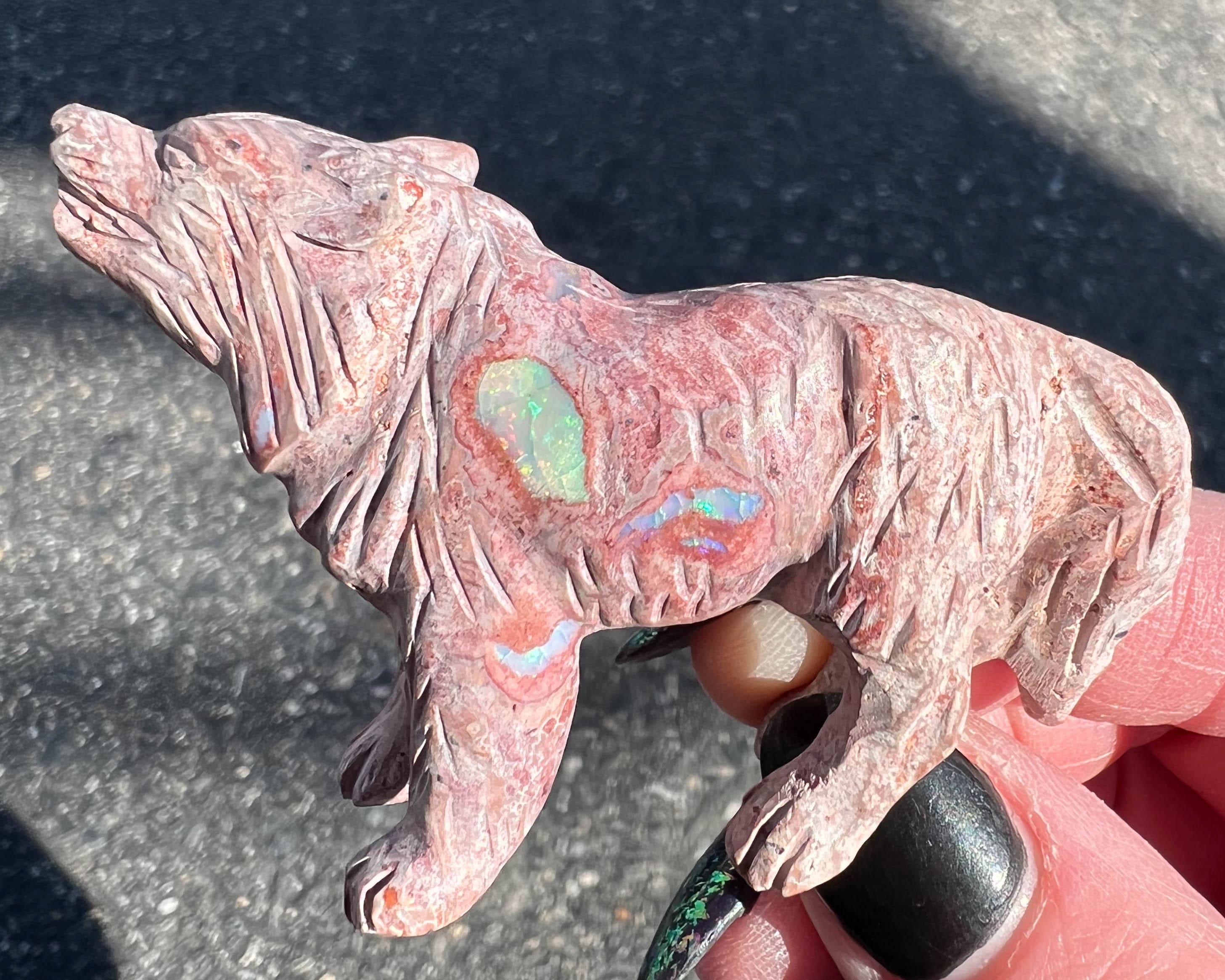 Hand Carved Mexican Fire Opal Wolf Figurine: Crystal Carving, Howling Coyote, October Birthstone #6