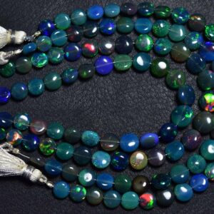 Super Quality Flashes Ethiopian Opal - 7.5 inches - Rare Natural Smooth Greenish Ethiopian Opal Coins - Size is 7 - 8.5 mm #2129