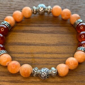 8 mm Orange Calcite and Carnelian stretch bracelet with Sterling silver Om beads, Sacral Chakra bracelet