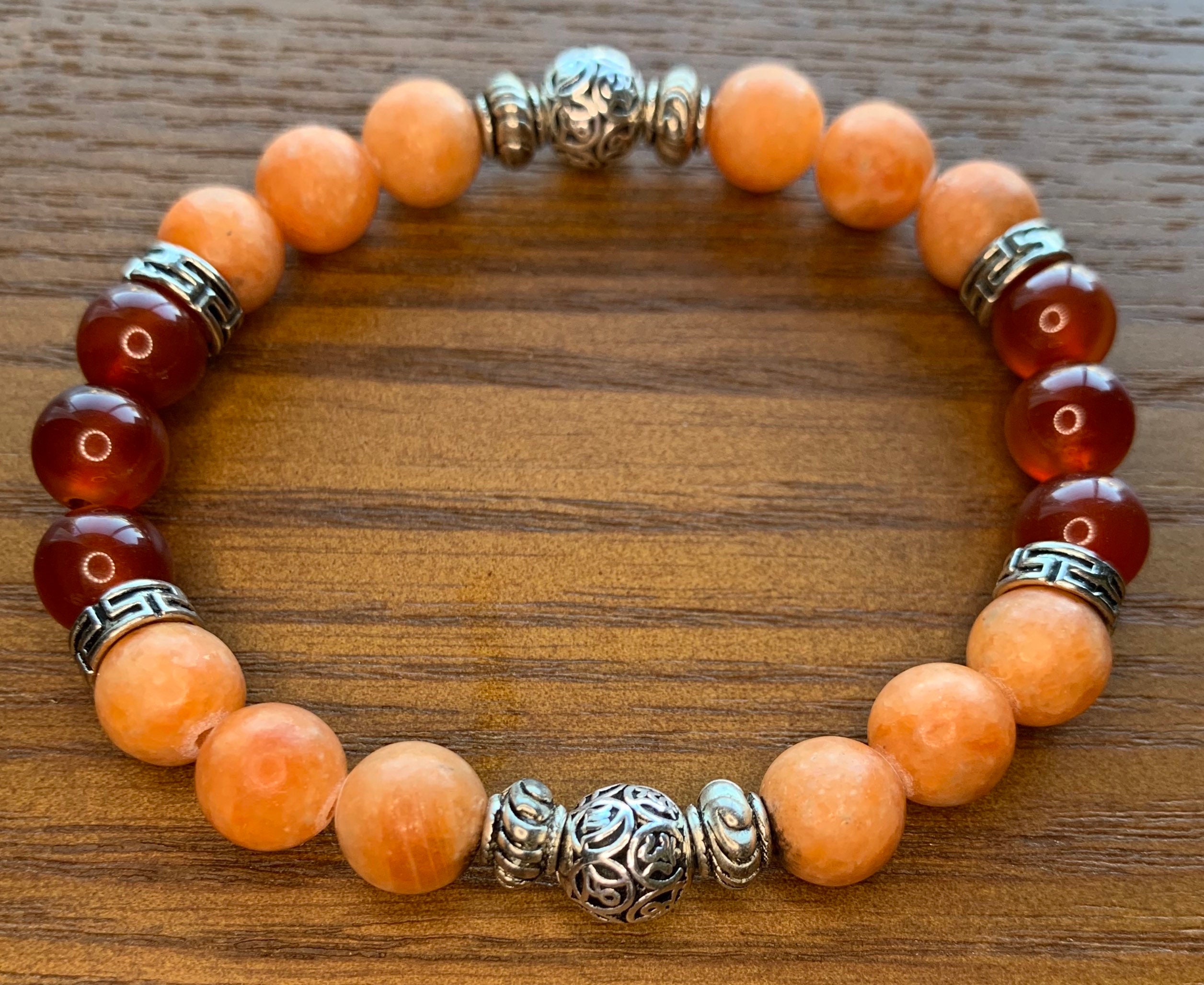 8 Mm Orange Calcite And Carnelian Stretch Bracelet With Sterling Silver Om Beads, Sacral Chakra Bracelet