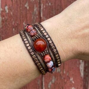 Burnt Orange Leather Wrap Bracelet, Earthy Natural Stones, Beaded Boho Jewelry, Button-and-Loop Closure [B104]