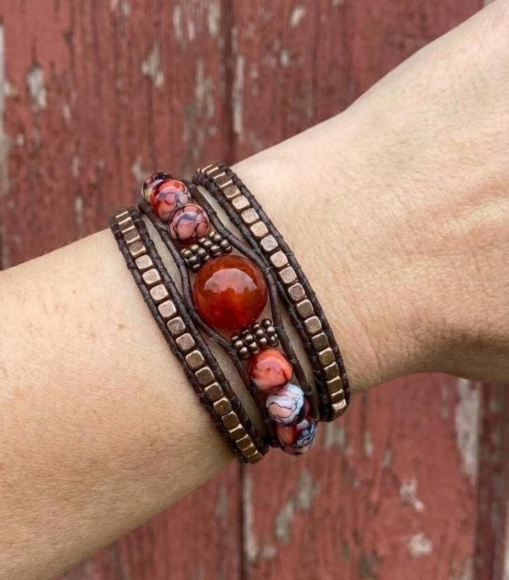 Burnt Orange Leather Wrap Bracelet, Earthy Natural Stones, Beaded Boho Jewelry, Button-and-loop Closure [b104]