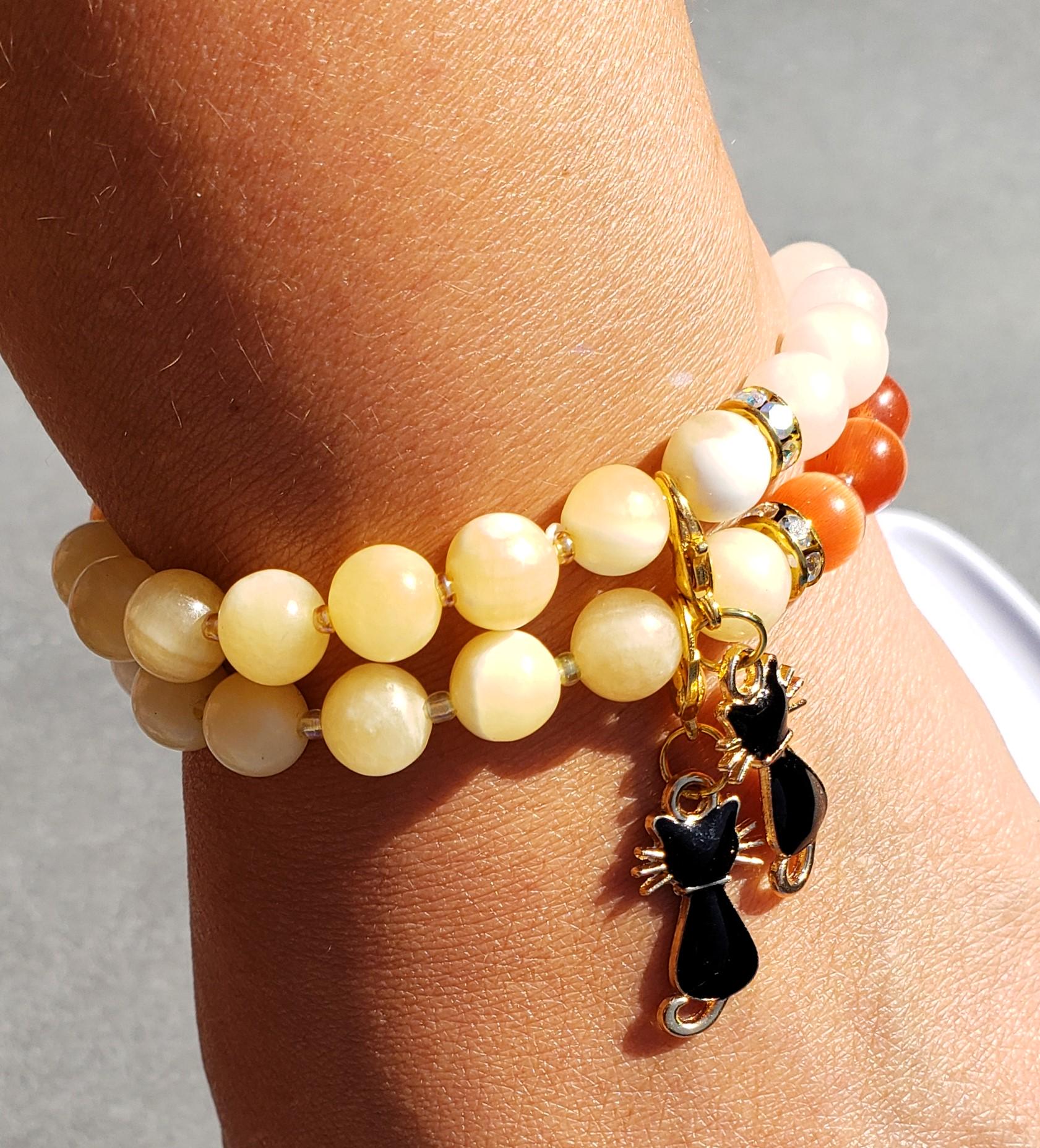 Candy Corn Dreams: Orange Calcite & Cat Charm Bracelet - Halloween Collection