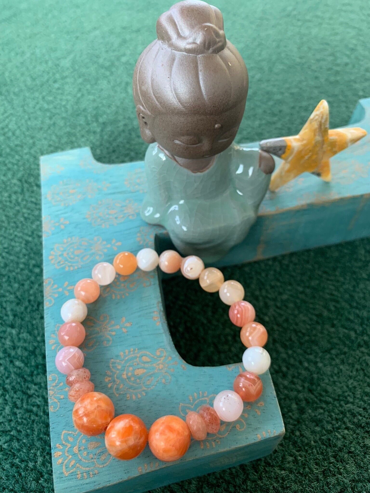 Energized * Crystal Energy Bracelet - 12mm Orange Calcite, Sunstone Rondelles, 8mm Peach Agate