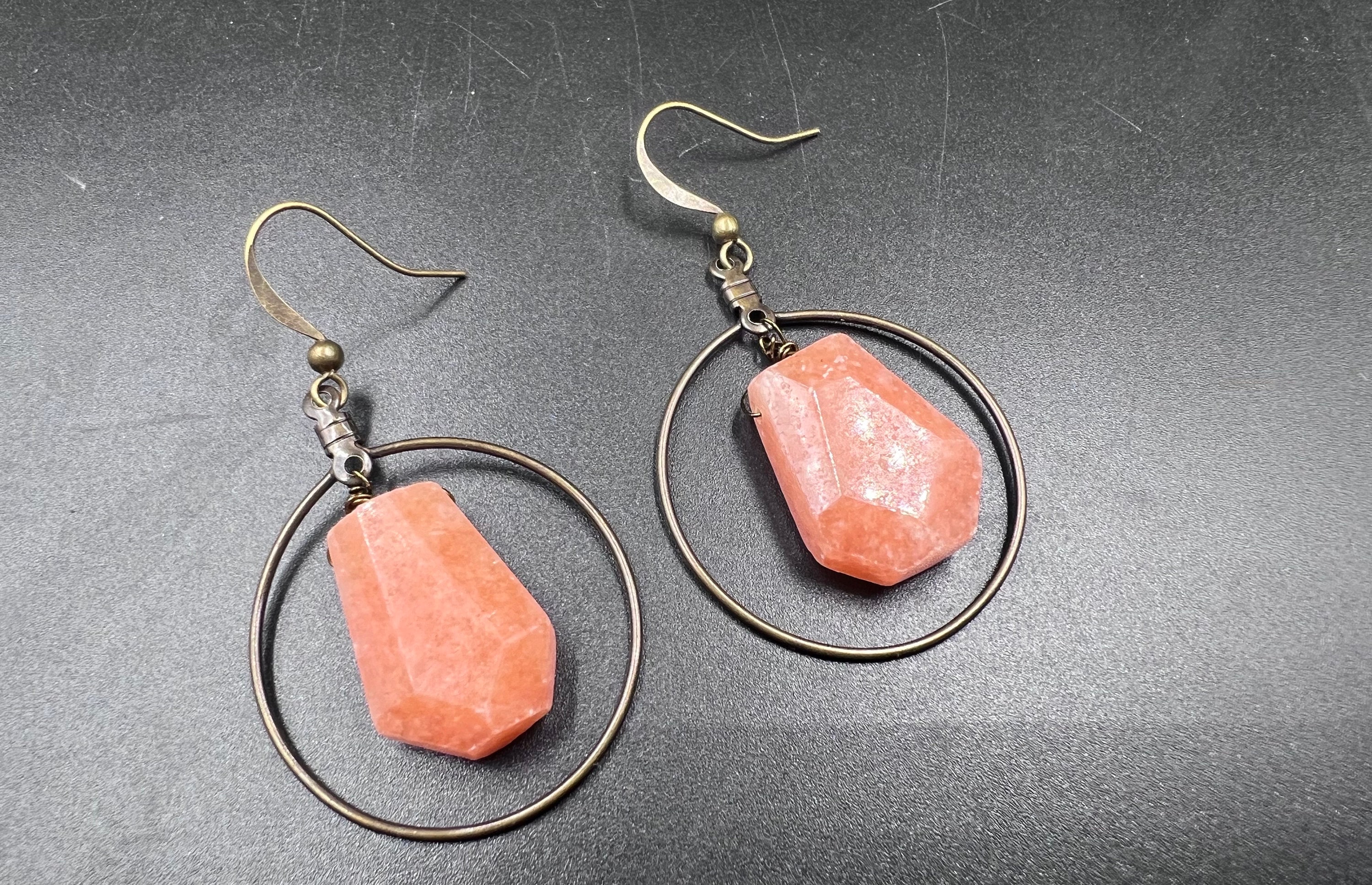 Orange Calcite And Aged Brass Hoop Earrings