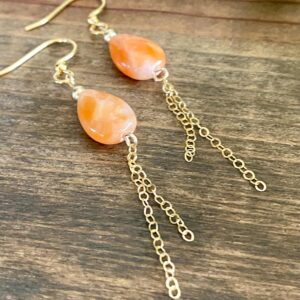 Orange Calcite Dangle Earrings: Gold Hypoallergenic Chain Earrings
