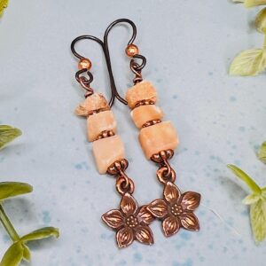 Matte Orange Calcite Earrings, Copper Flower Charms, Boho Jewelry