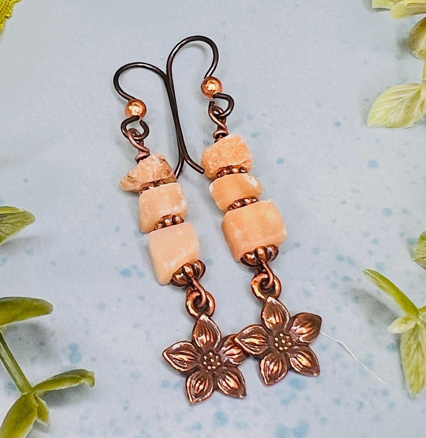 Matte Orange Calcite Earrings, Copper Flower Charms, Boho Jewelry