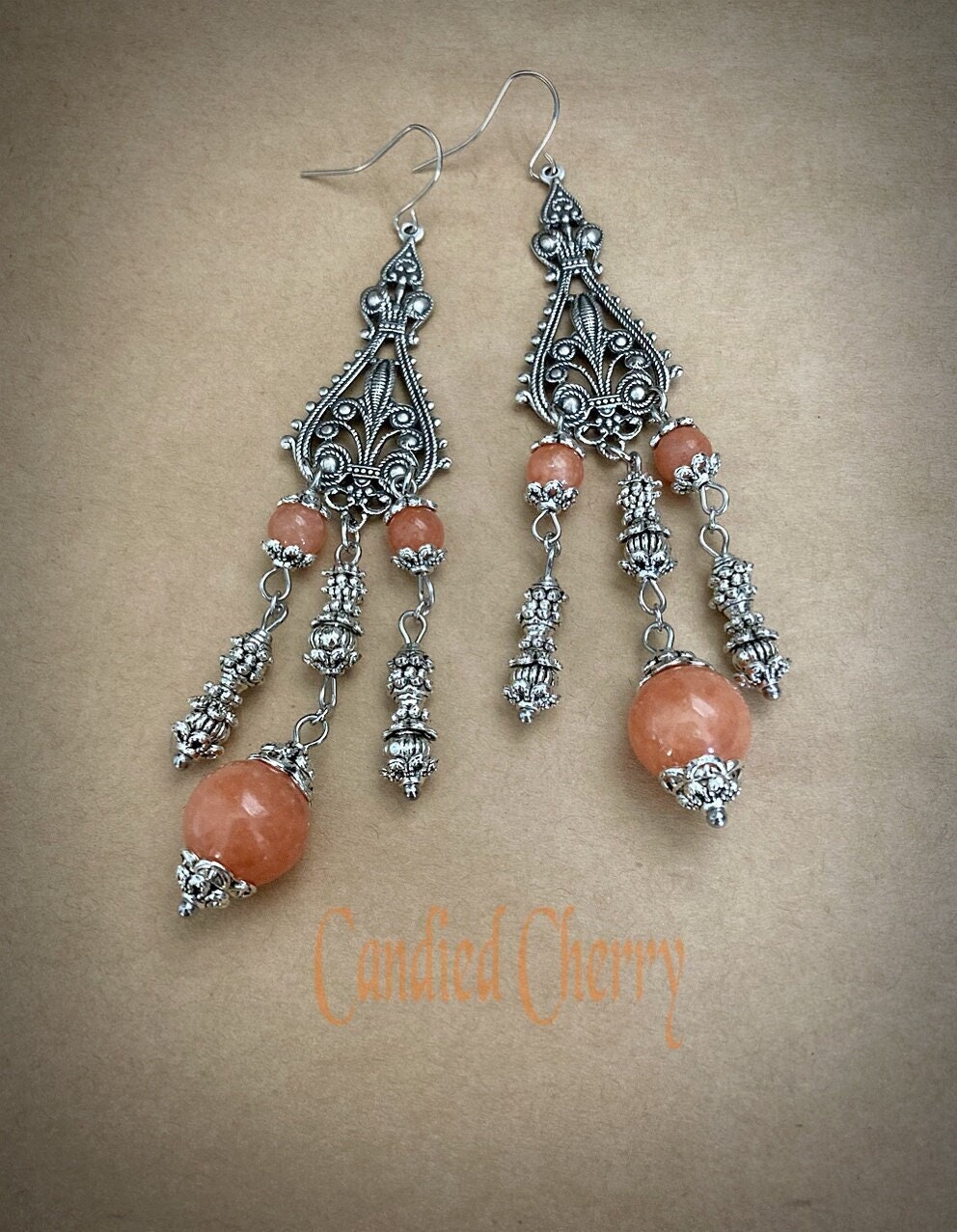Natural Orange Calcite Long Chandelier Earrings - Vintage Inspired Neo Victorian Steampunk Boho Bohemian Long Dangle Earrings - "osmanthus"