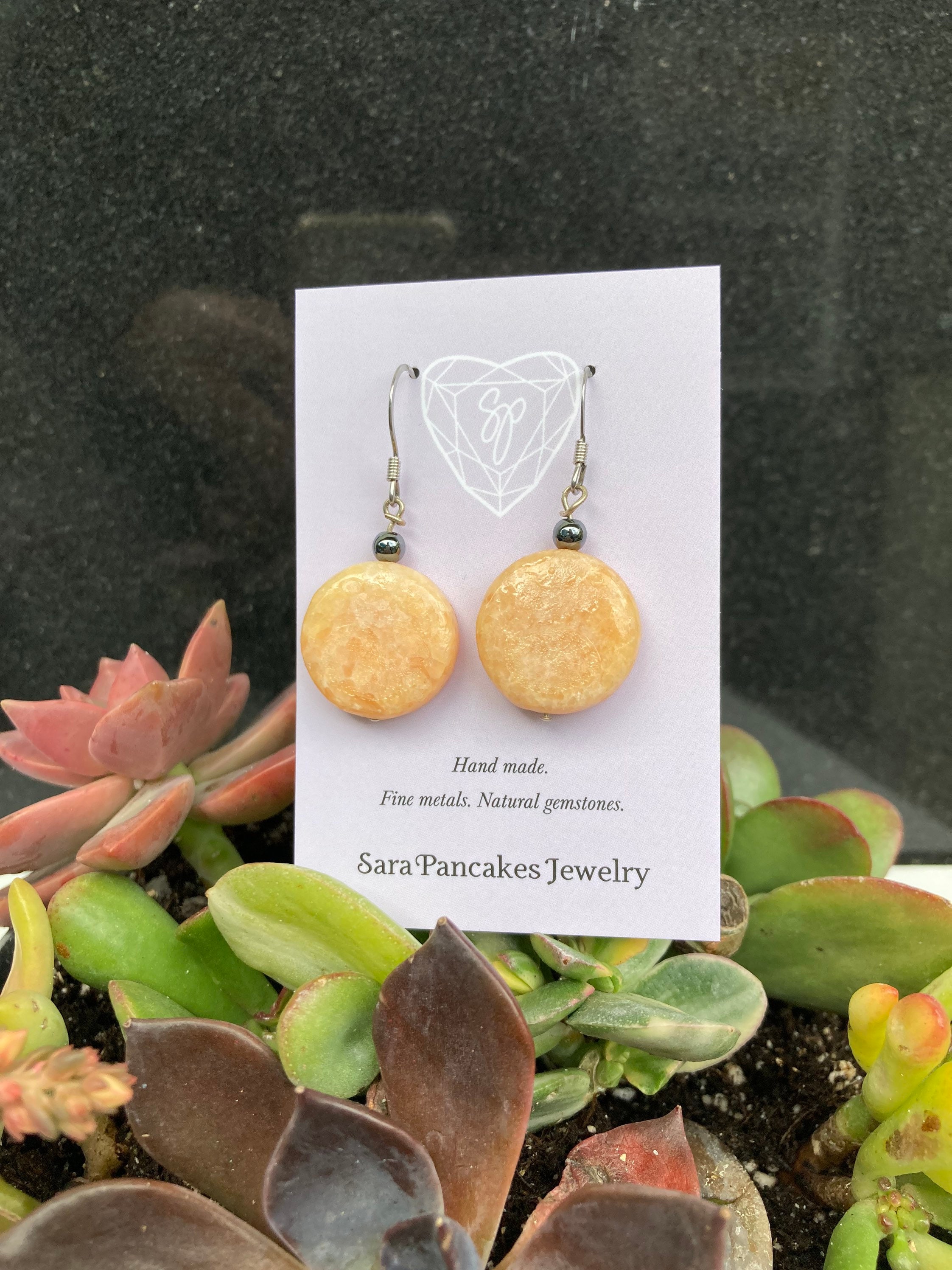 Natural Peach Calcite With Hematite In Surgical Steel Earrings ~hand Made