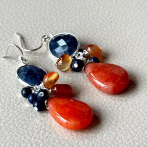 Orange calcite & navy blue sodalite sterling silver earrings. Gemstone cluster jewelry.