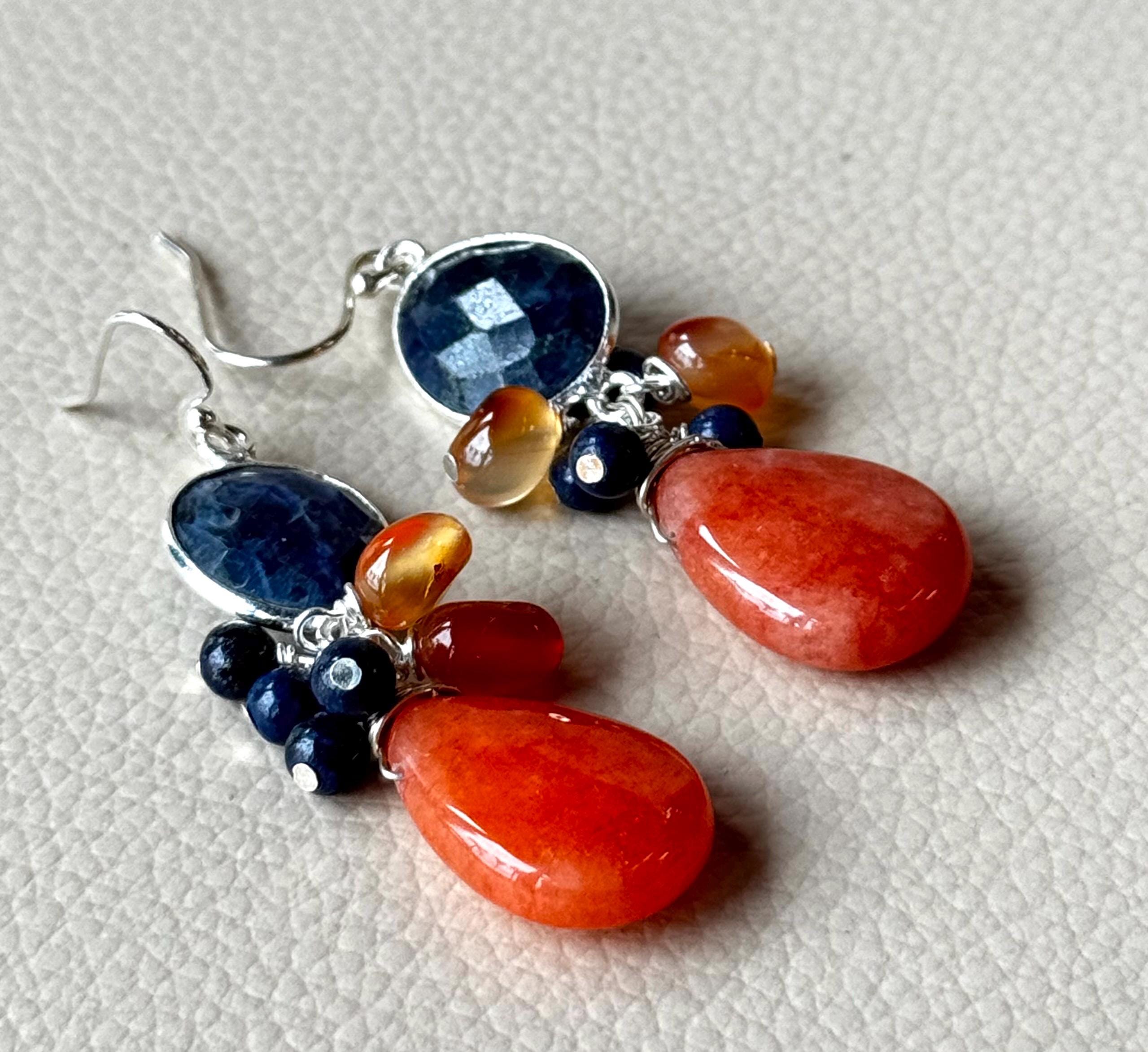 Orange Calcite & Navy Blue Sodalite Sterling Silver Earrings. Gemstone Cluster Jewelry. Orange Calcite & Navy Blue Sodalite Sterling Silver Earrings. Gemstone Cluster Jewelry.