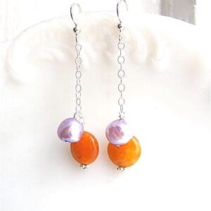 Sterling Silver and Pearl Drop Earrings – Light Chain Dangles, Lavender Pearls and Orange Calcite, Minimalist Jewelry, Gifts for Her
