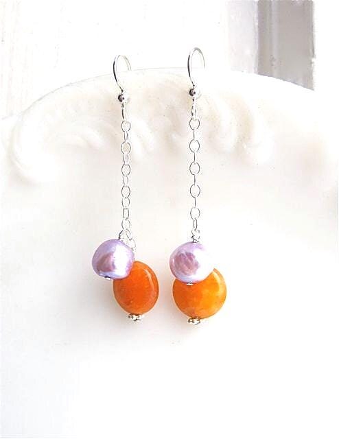 Sterling Silver And Pearl Drop Earrings – Light Chain Dangles, Lavender Pearls And Orange Calcite, Minimalist Jewelry, Gifts For Her Sterling Silver And Pearl Drop Earrings – Light Chain Dangles, Lavender Pearls And Orange Calcite, Minimalist Jewelry, Gifts For Her