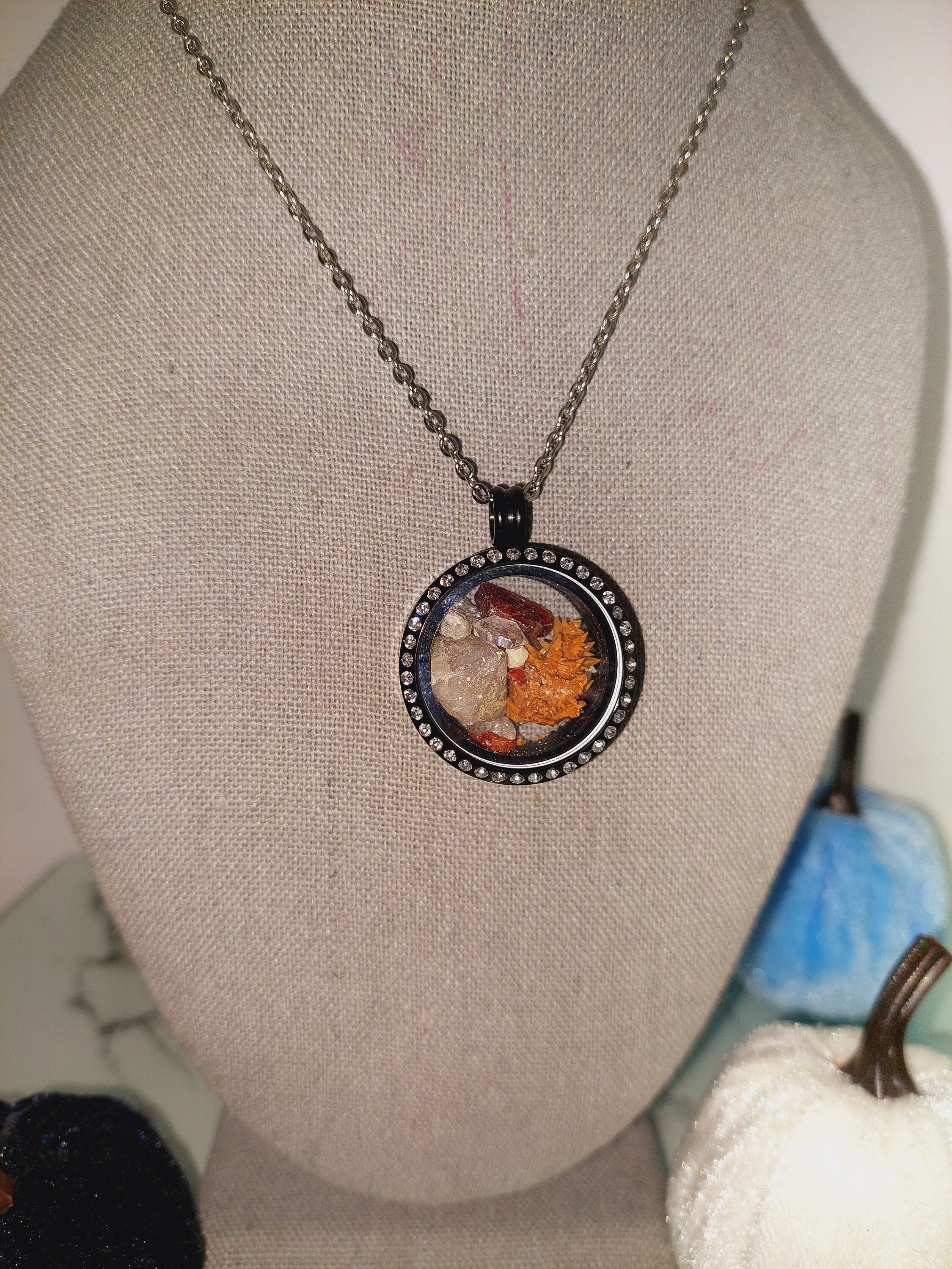 Vanadinite, Orange Calcite Cluster, Rhodizite, Star Beta Quartz And Herkimer Diamond Crystal Locket Necklace! Rare, Gorgeous And Unique!