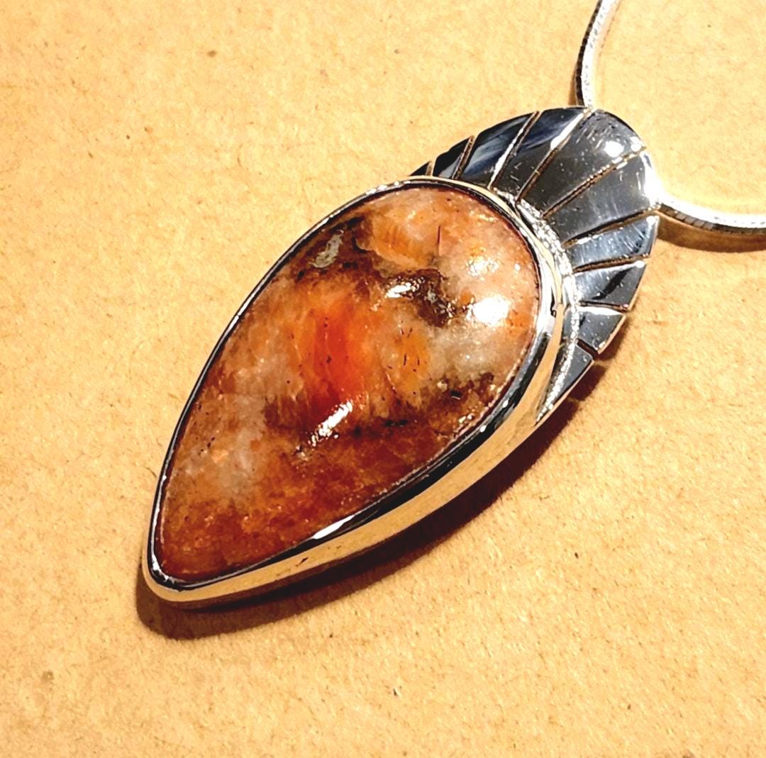 Handmade Sterling Silver Orange Calcite Pendant Necklace – Teardrop Stone