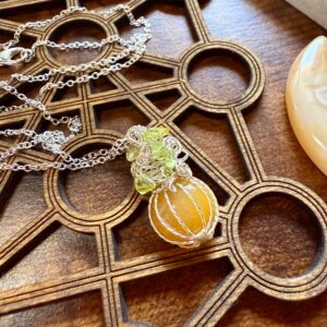 Mini Calcite Pumpkin Pendant » Mini Wire Wrapped Pumpkin Necklace » Crystal Pumpkin Necklace with Orange Calcite and Peridot