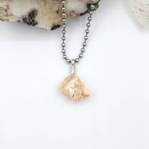 Orange Calcite Necklace, Silver Wire Wrapped Orange Calcite Pendant