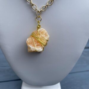 Raw Orange Calcite Citrine Necklace, Gold Wire Wrapped Pendant, 18 Inch