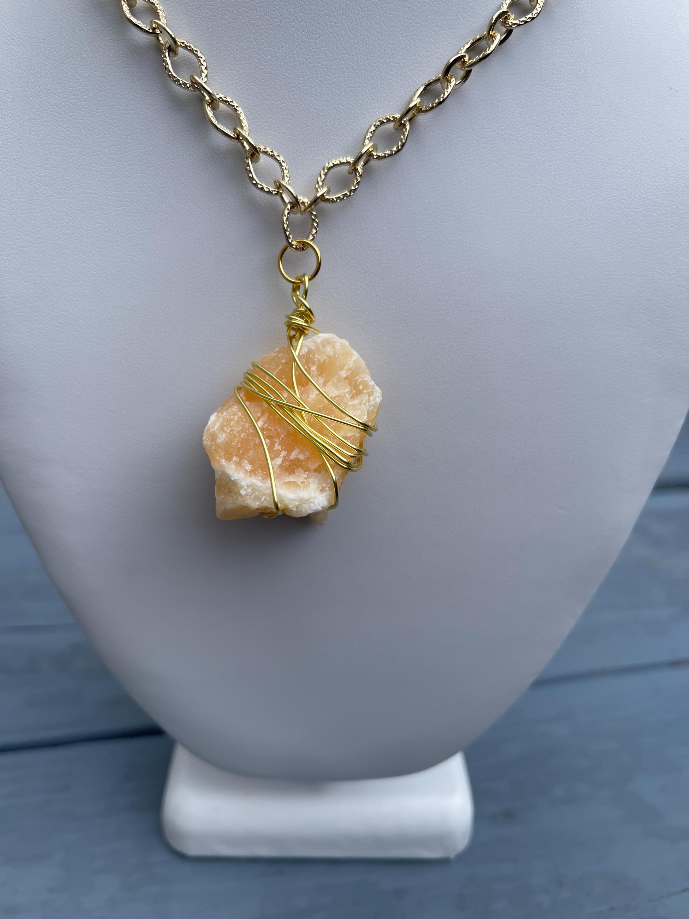 Raw Orange Calcite Citrine Necklace, Gold Wire Wrapped Pendant, 18 Inch