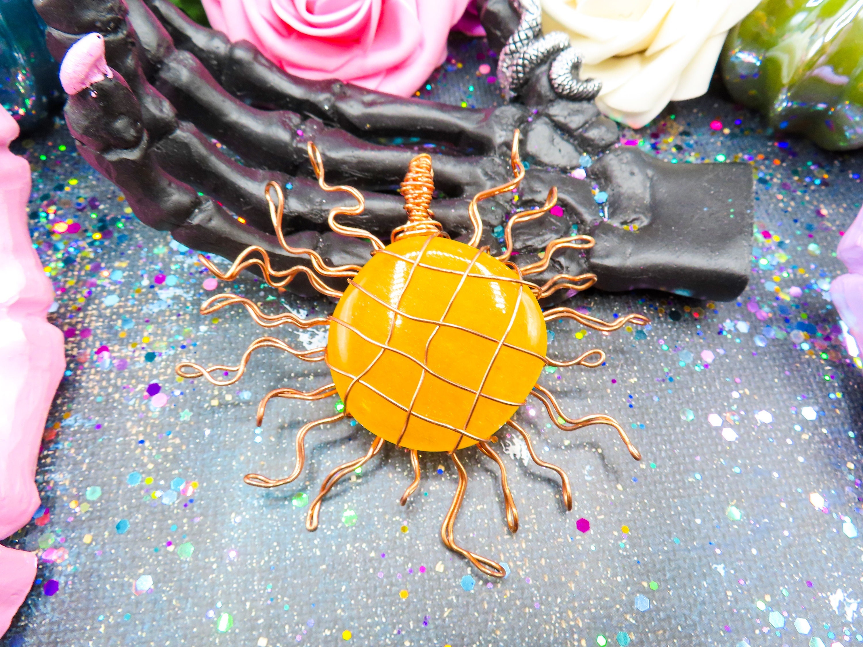 Orange Calcite Sun Pendant | Wire Wrapped Copper Pendant | Handmade Sunburst Talisman | Pick Your Pendant | Calcite Crystal Necklace