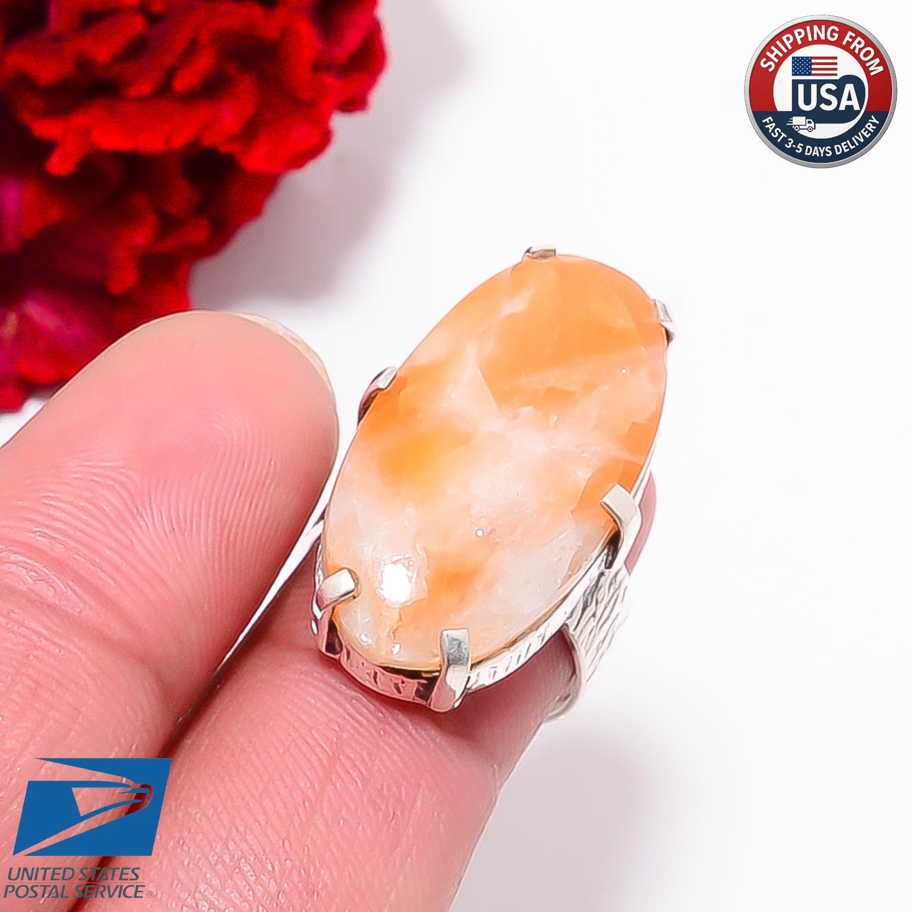 Calcite Designer Ring 925 Sterling Silver Orange Stone Jewelry Calcite Designer Ring 925 Sterling Silver Orange Stone Jewelry