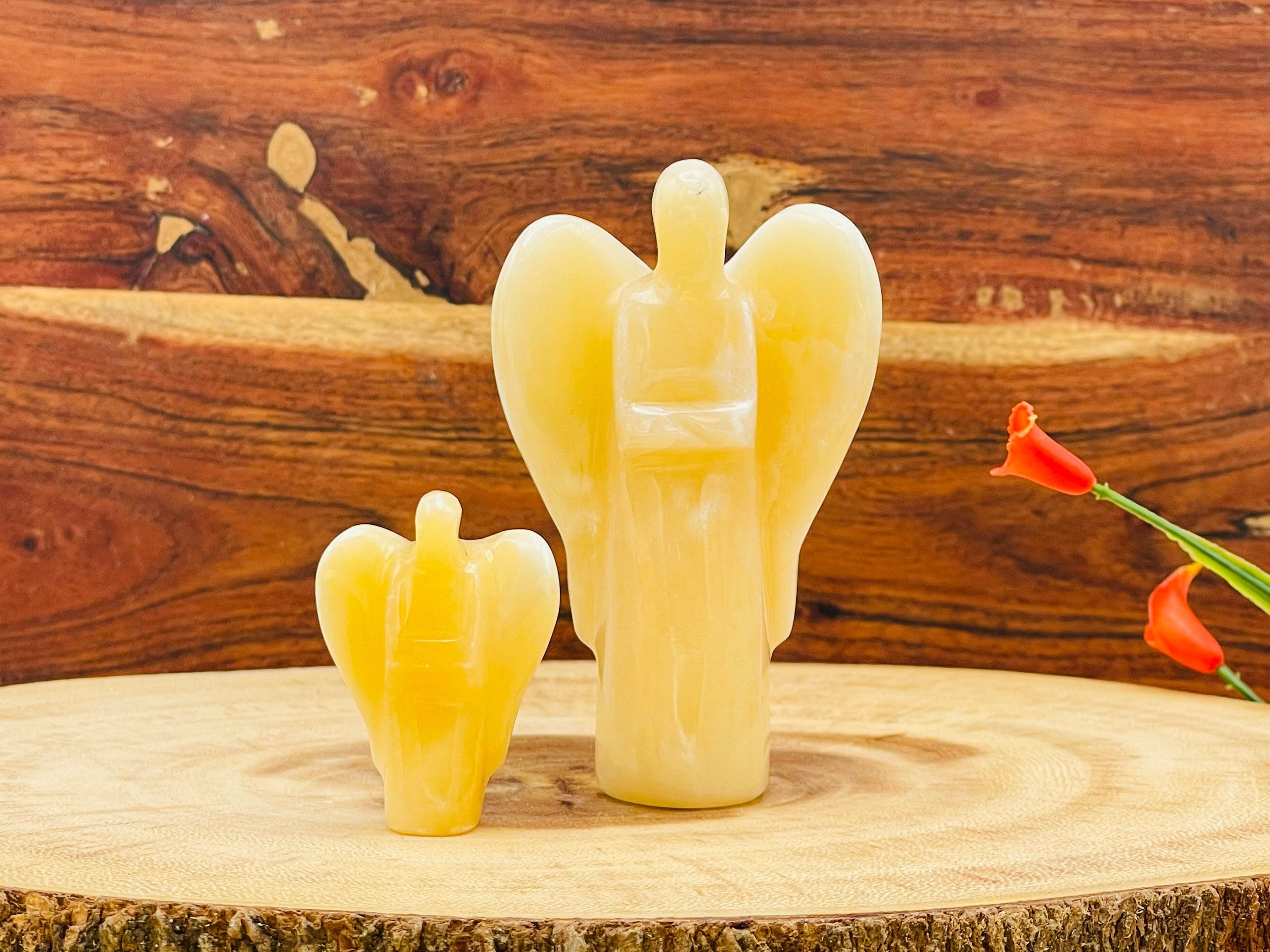 Orange Calcite Angel, Yellow Calcite Crystal Figurine, Standing Statuette, 2 And 4 Inches