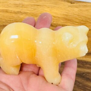 Orange Calcite Bear Figurine, Yellow Crystal Baby Bear Carving, Standing Statuette