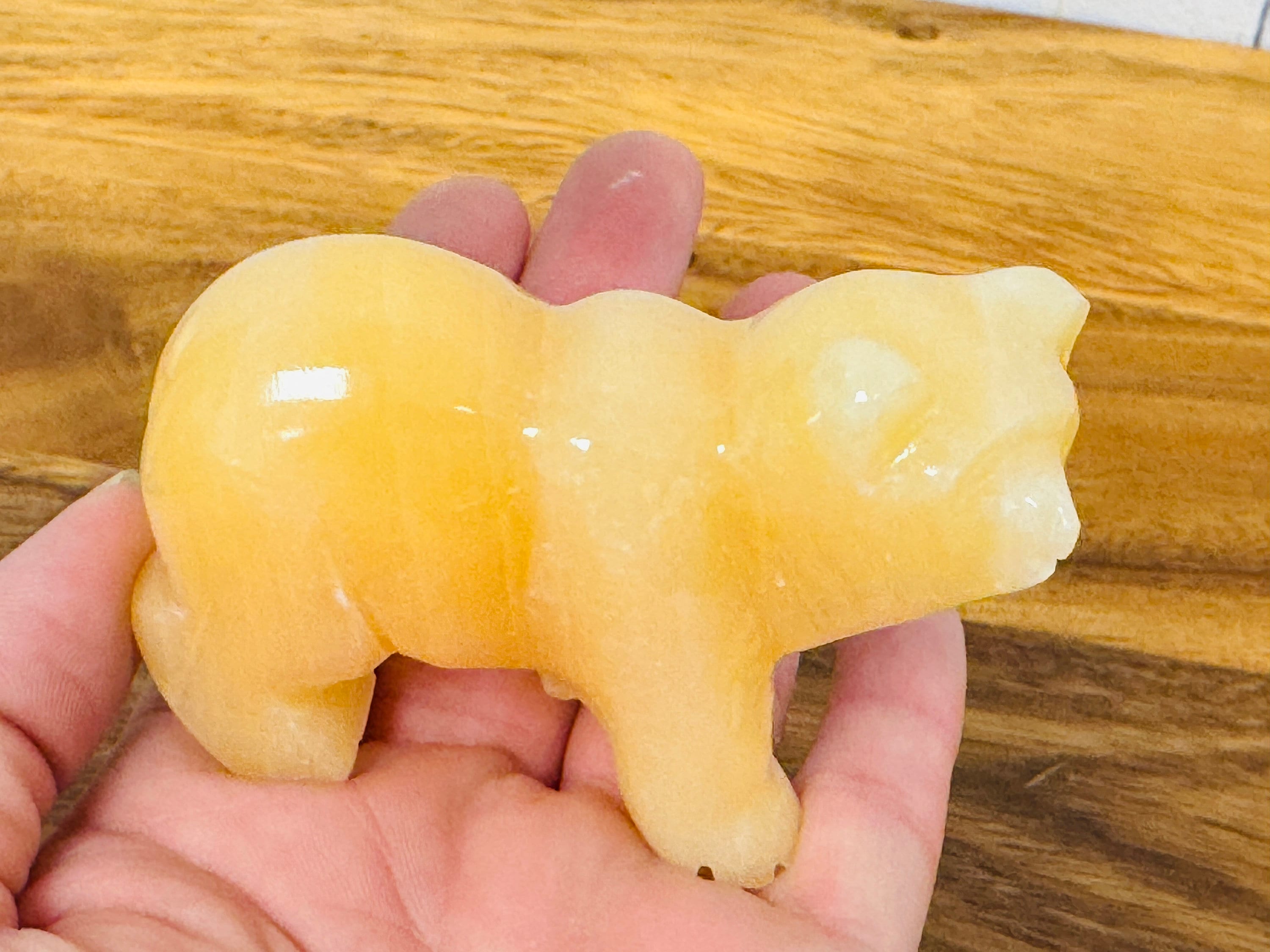 Orange Calcite Bear Figurine, Yellow Crystal Baby Bear Carving, Standing Statuette