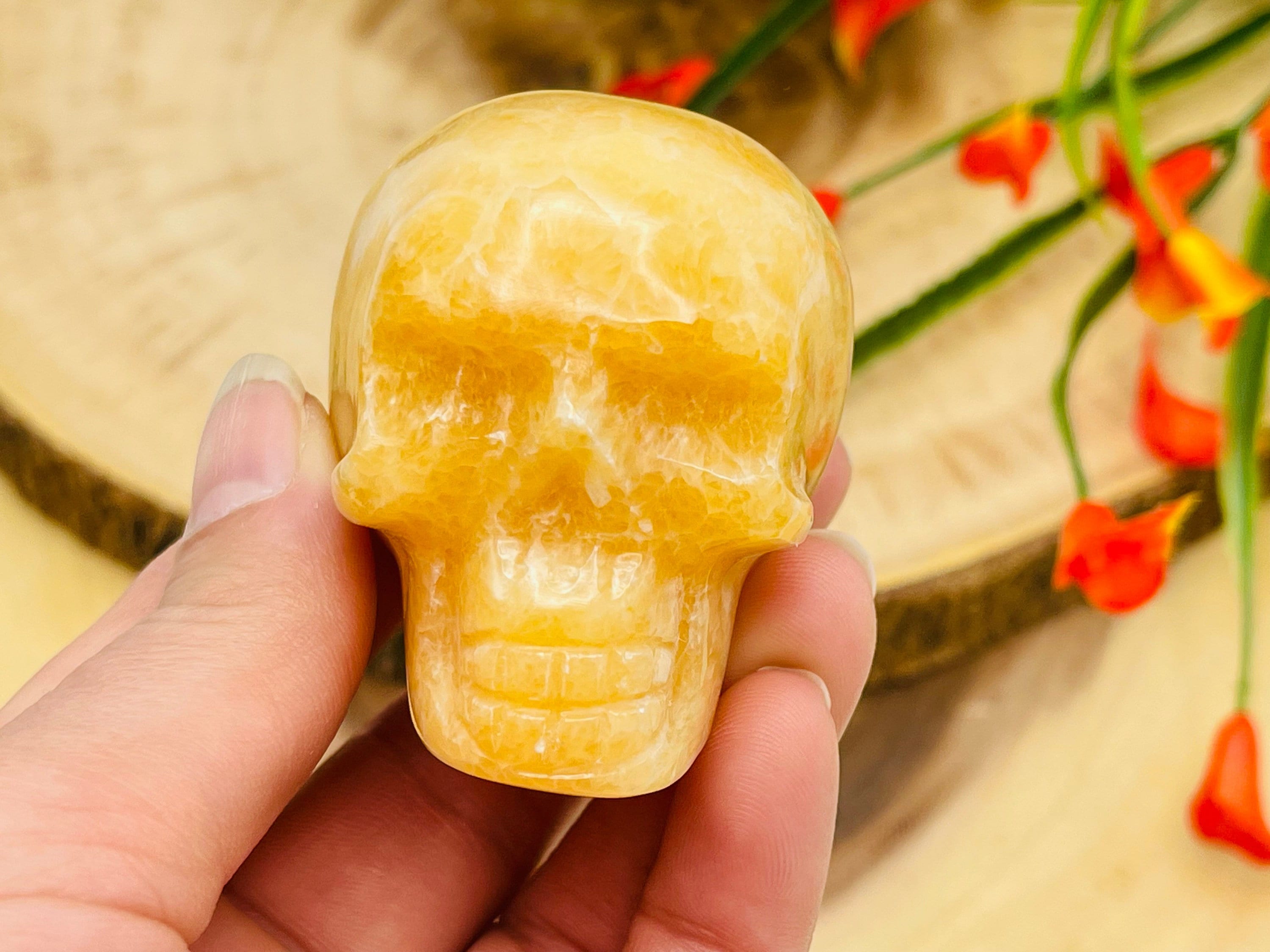 Orange Calcite Crystal Skull With Realistic Details, Healing Crystal Fine Art Sculpture, 2 Inch