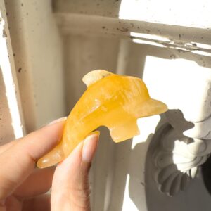 Hand Carved Orange Calcite Dolphin Figurine: Healing Crystal Decor (3")