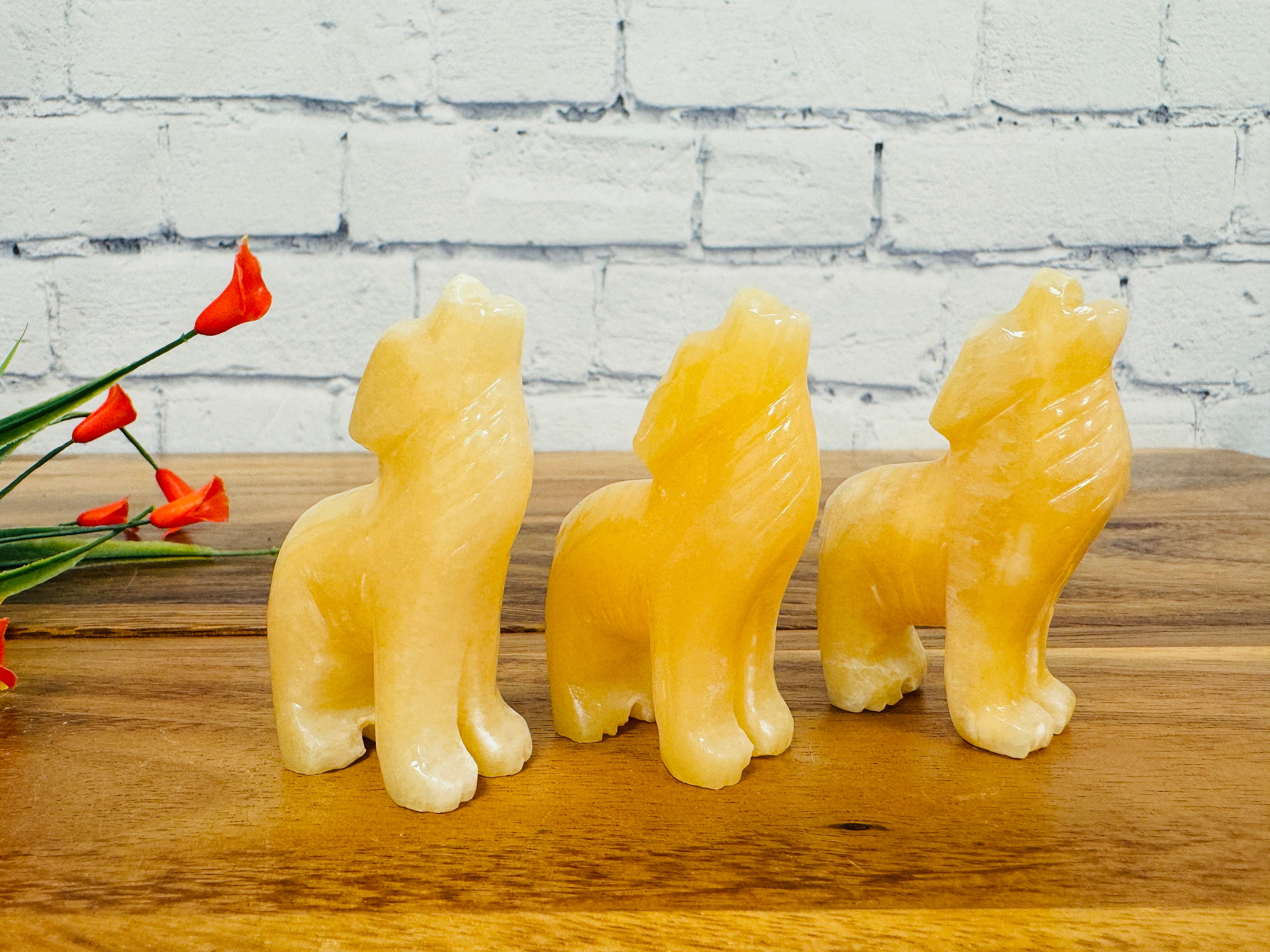 Orange Calcite Howling Wolf Figurine, Crystal Carving, Standing Statuette, Healing Crystal