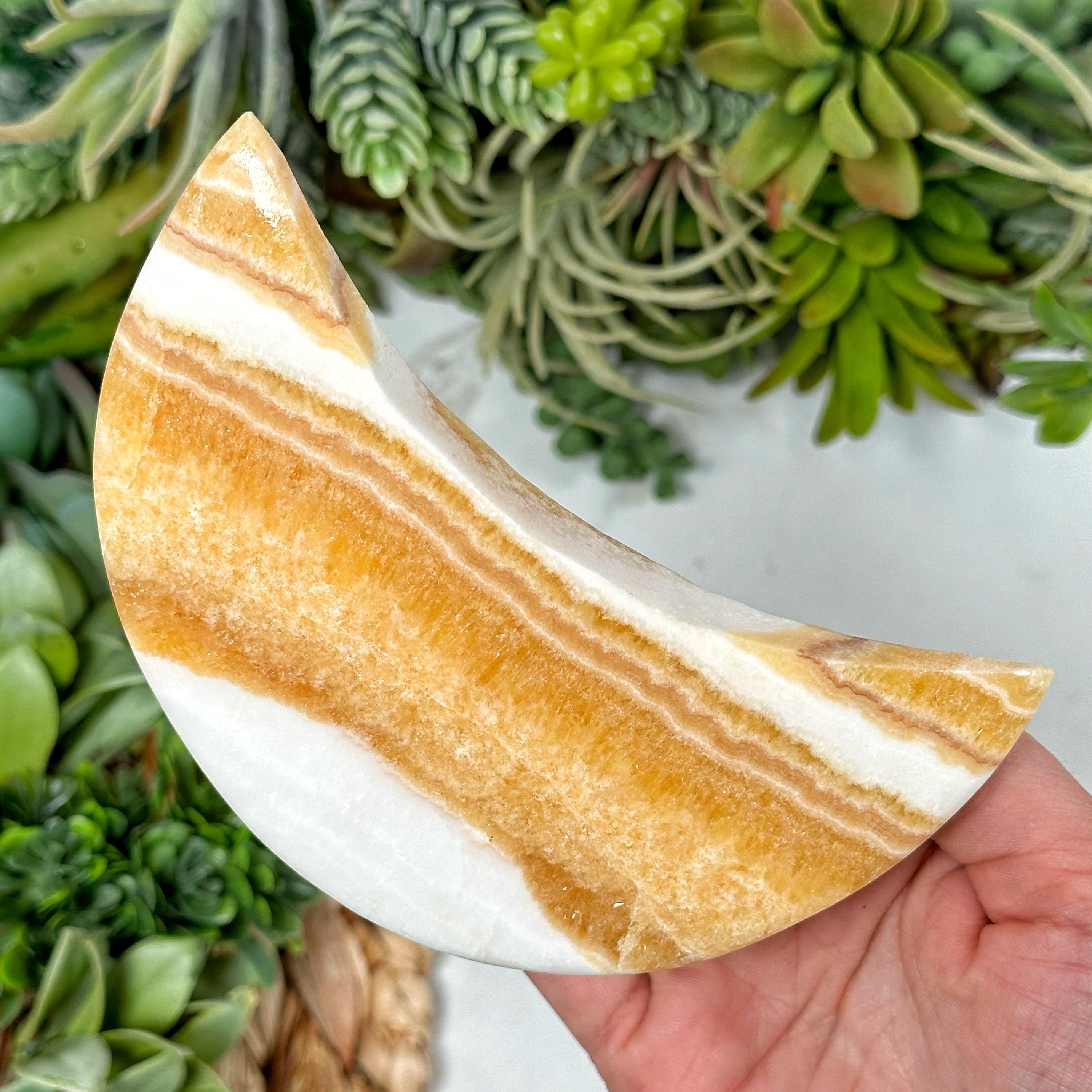 Orange Calcite Moon | 236g | - #1 (polished Crystal Space Carving, Sacral Chakra, Vitality)