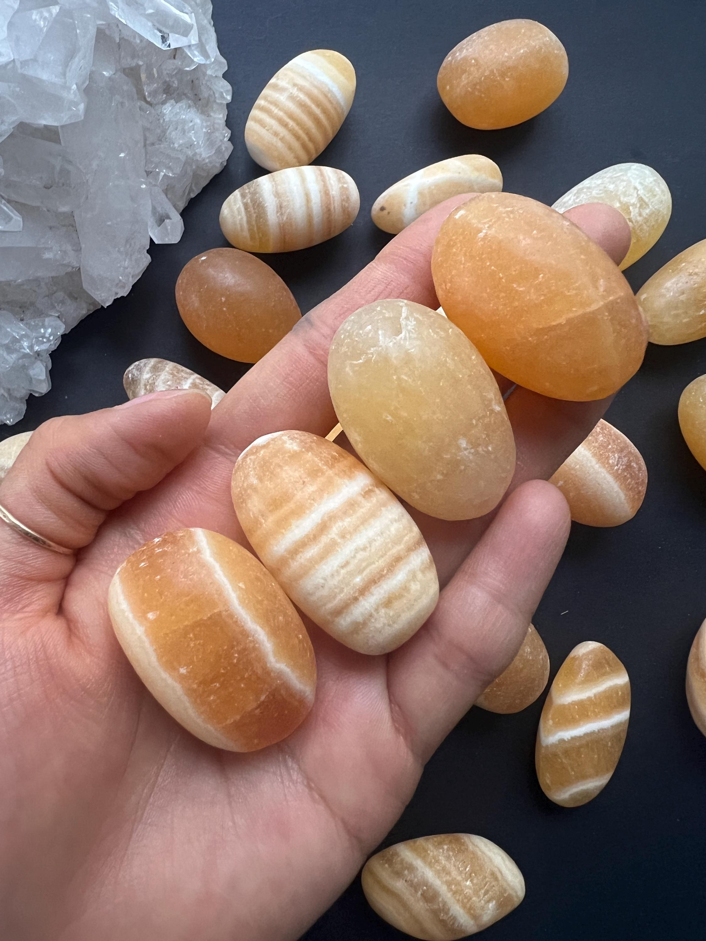 Orange Calcite Tumbled Worry Stone, Pocket Stone