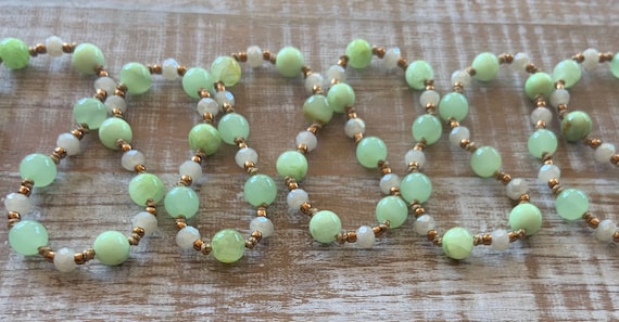Organic green knotted necklace, green calcite beads, opaque Czech beads & tiny bronze seed beads, double wrap hand knotted  necklace