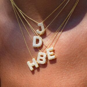 Pave Bubble Letter Necklace, Diamond Letter Pendant, 14k Gold Balloon Necklace, 3d Letter Necklace, Two bubble Initial Necklace