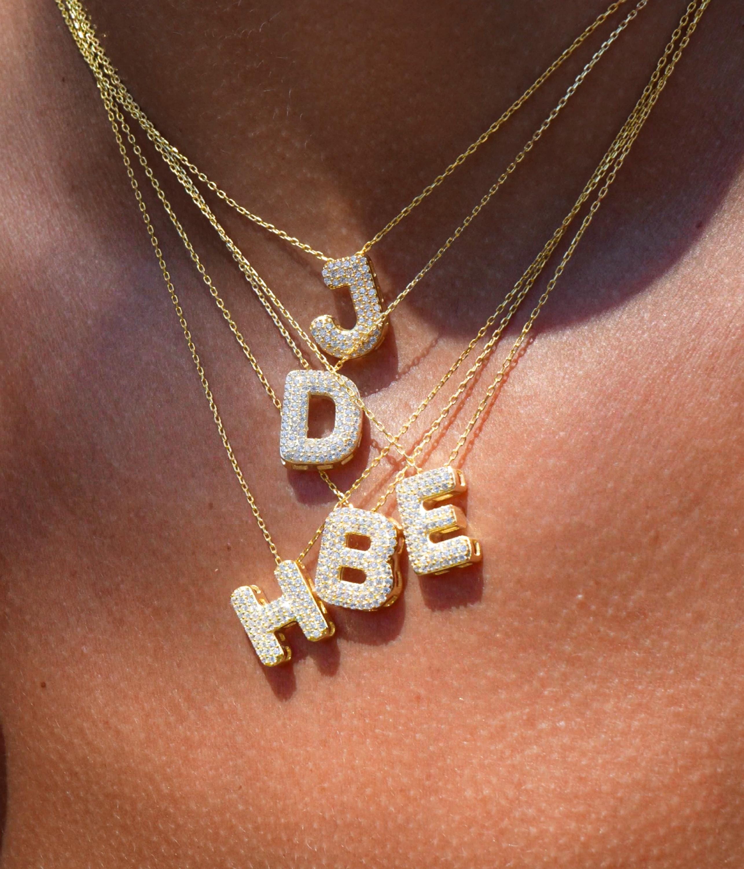 Pave Bubble Letter Necklace, Diamond Letter Pendant, 14k Gold Balloon Necklace, 3d Letter Necklace, Two Bubble Initial Necklace