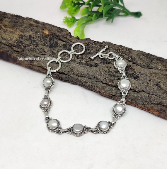 925 Sterling Silver Pearl Bracelet: Women's Jewelry Handcrafted Boho Bracelet, Gift Hem
