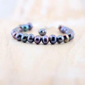 Aaa Peacock Black Pearl Bracelet In Sterling Silver, Gold Or Rose Gold Filled With 7 To 8mm Rainbow Lustre Freshwater Pearl, June Birthstone