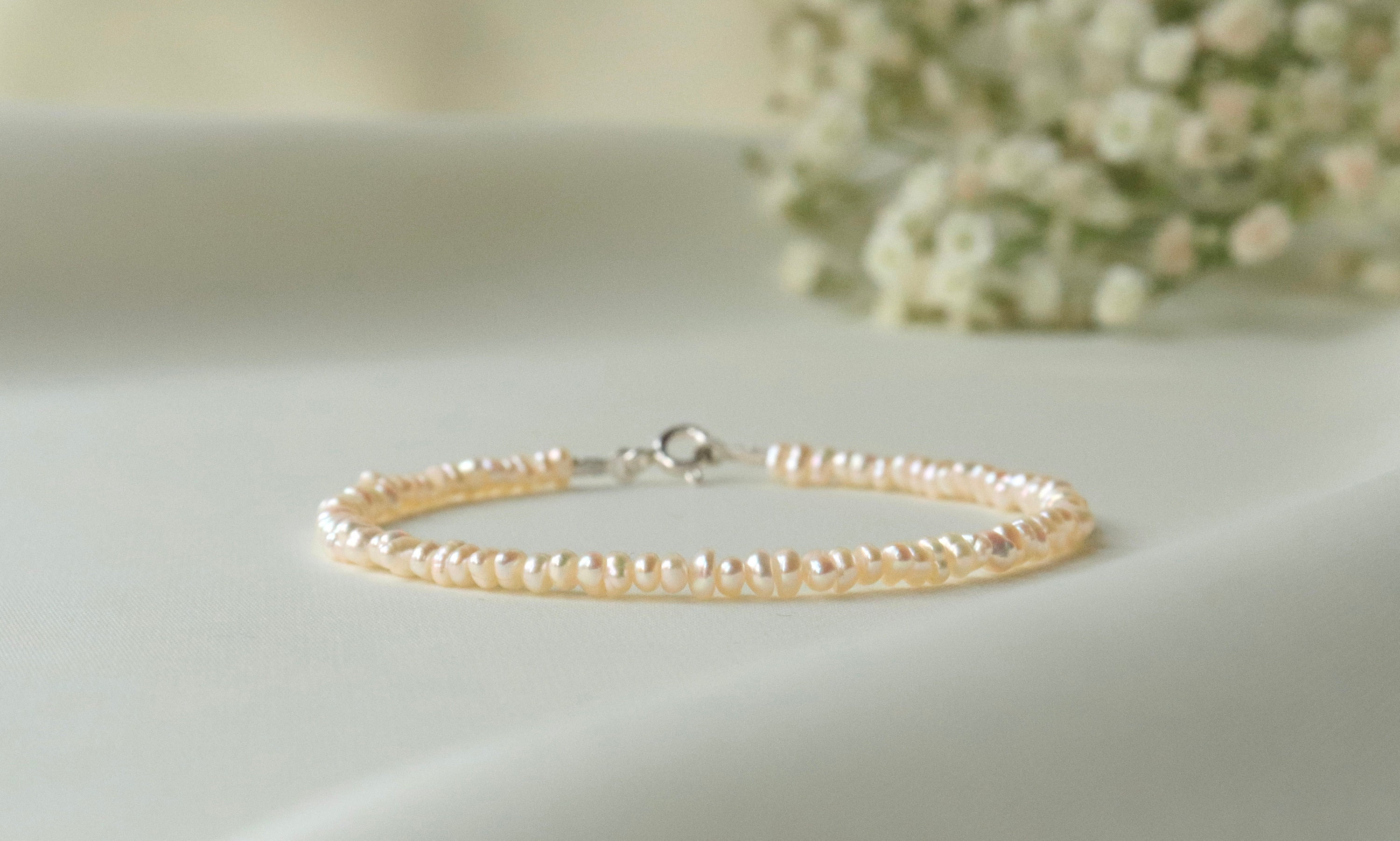 Dainty Ivory Freshwater Pearl Bracelet 2-3mm, Sterling Silver, Gift Gor Her, Genuine Pearl Jewelry, Bridal Bracelet