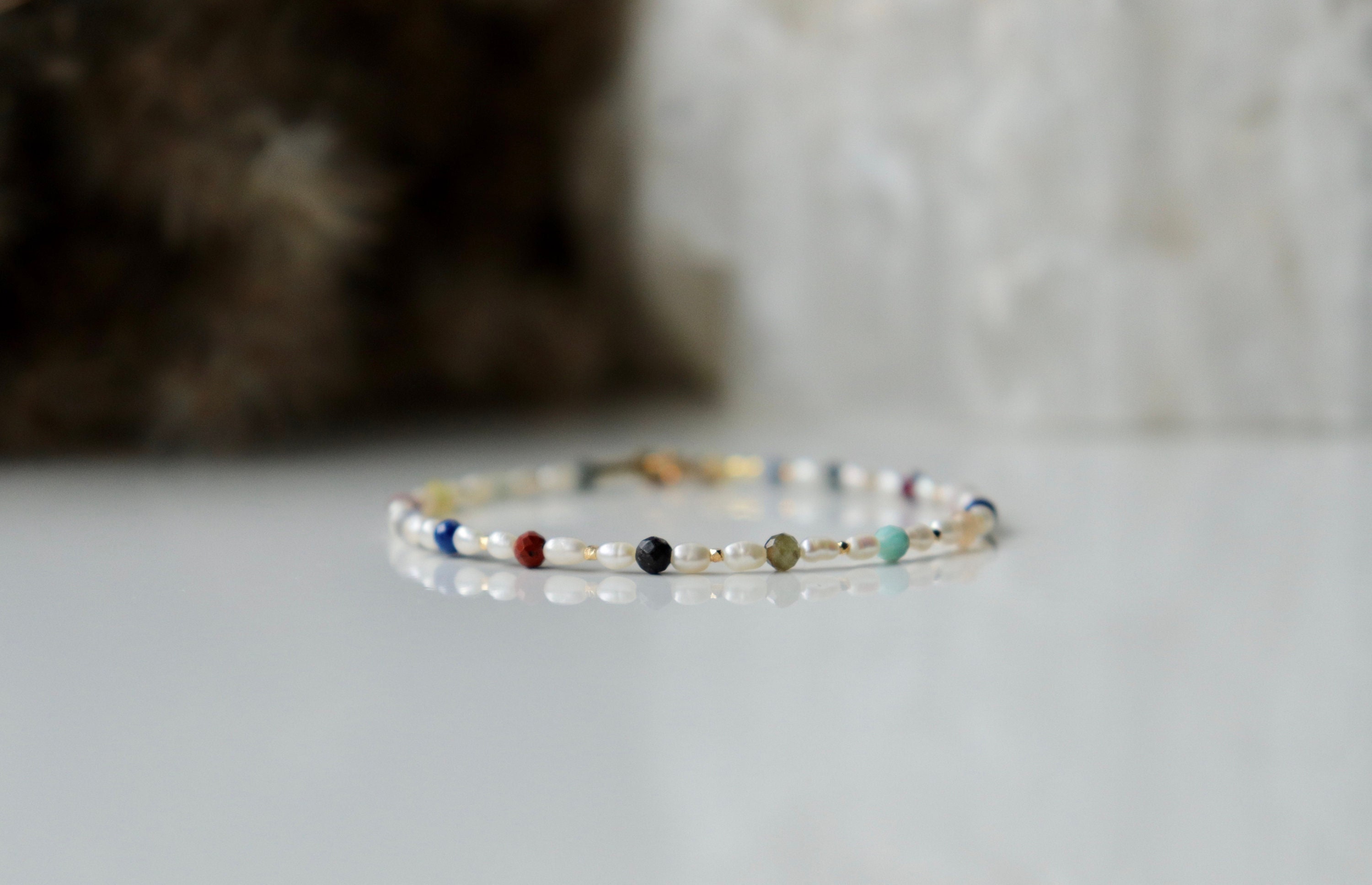Dainty Ivory Freshwater Pearl Bracelet 1.5-2mm With Mix Od Stones And Gold Vermeil