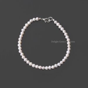 Delicate Freshwater Pearl Beaded Bracelet with 925 Sterling Silver Clasp, Pearl Smooth Roundel Beads Bracelet,White Freshwater Pearl Jewelry
