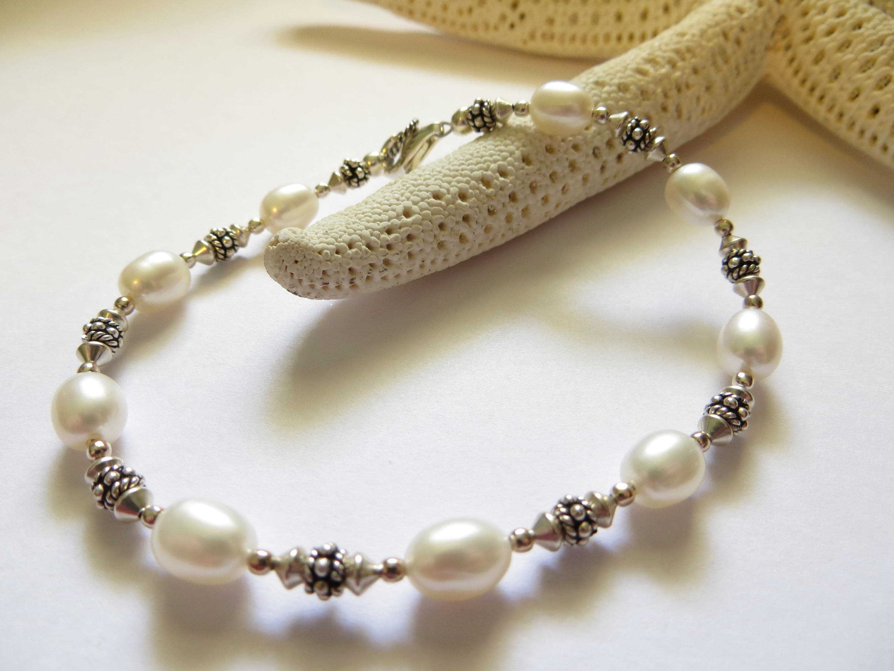 Freshwater Pearl Bracelet, Bali Sterling Silver, June Birthstone