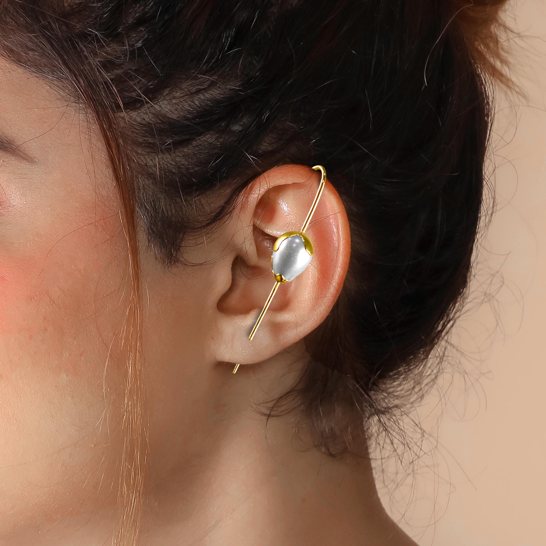 Gold-plated Copper Pearl Ear Cuff: Statement Ear Climber, Handmade In India