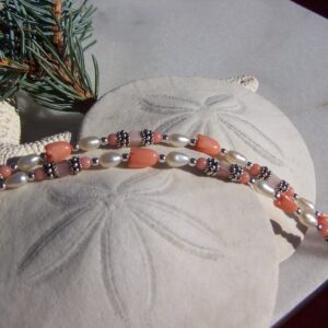 Hand Carved Coral And Pearl Bracelet, Sterling Silver Clasp, 7.5"