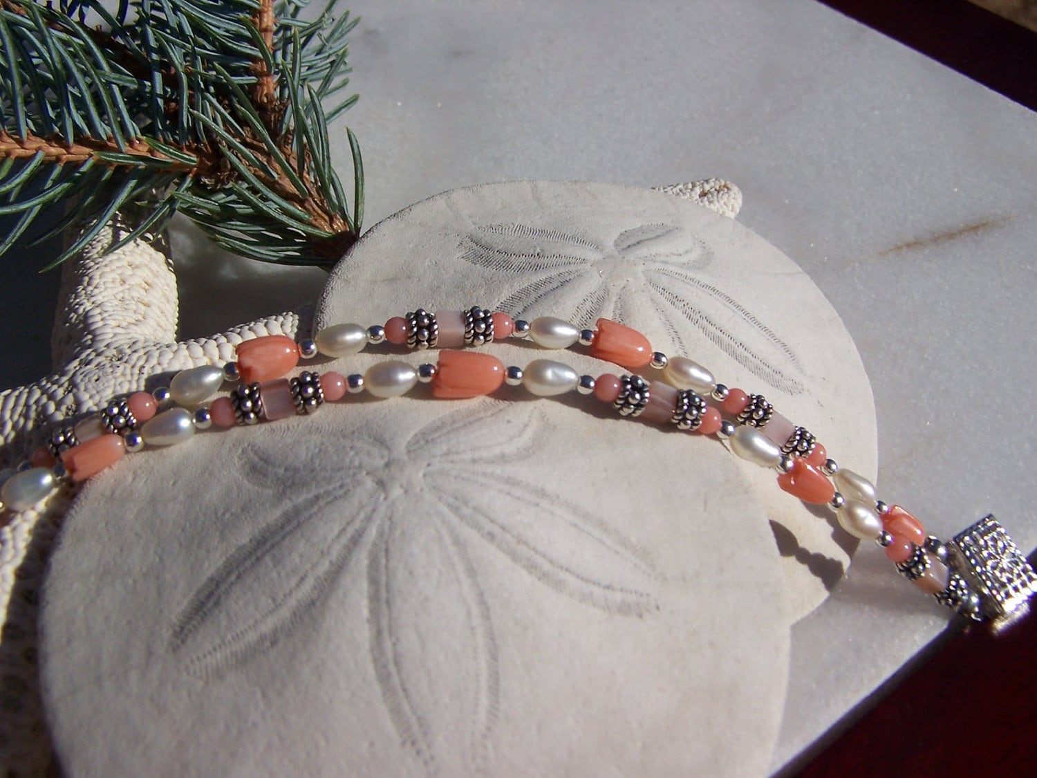 Hand Carved Coral And Pearl Bracelet, Sterling Silver Clasp, 7.5" Hand Carved Coral And Pearl Bracelet, Sterling Silver Clasp, 7.5"