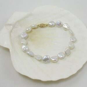 Keshi Pearl Bracelet, Genuine White Pearl Bracelet, 14KT Yellow Gold Clasp